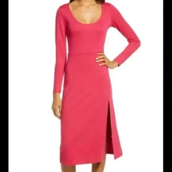 Leith Dress Long Sleeve Midi Pink Slit Cocktail Casual Neutral Trendy - Picture 1 of 13